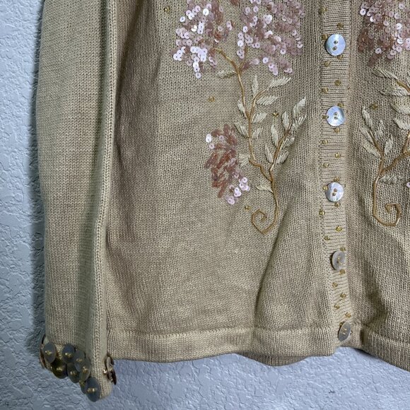 Storybook Knits Cardigan Womens S Tan Knit Embellished Beaded Floral Cottage - Picture 3 of 8